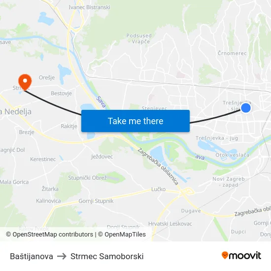 Baštijanova to Strmec Samoborski map