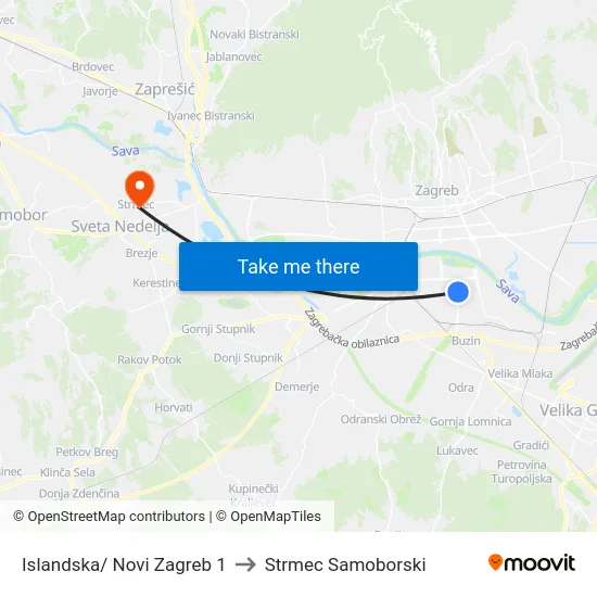 Islandska/ Novi Zagreb 1 to Strmec Samoborski map