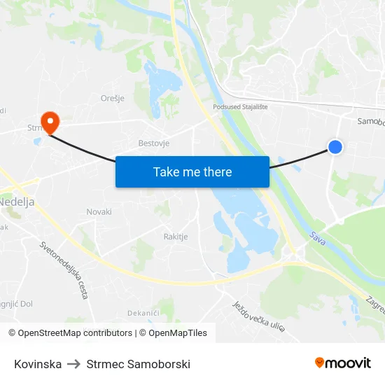 Kovinska to Strmec Samoborski map