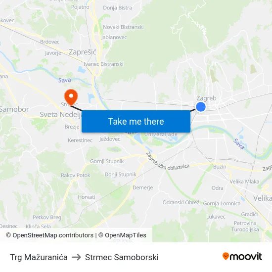Trg Mažuranića to Strmec Samoborski map