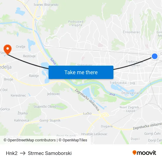 Hnk2 to Strmec Samoborski map