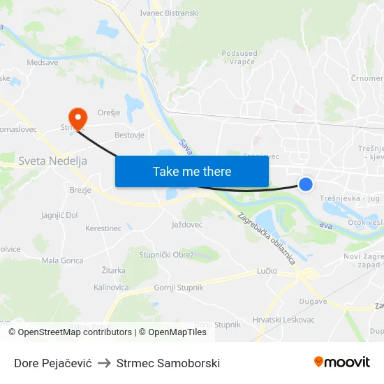 Dore Pejačević to Strmec Samoborski map