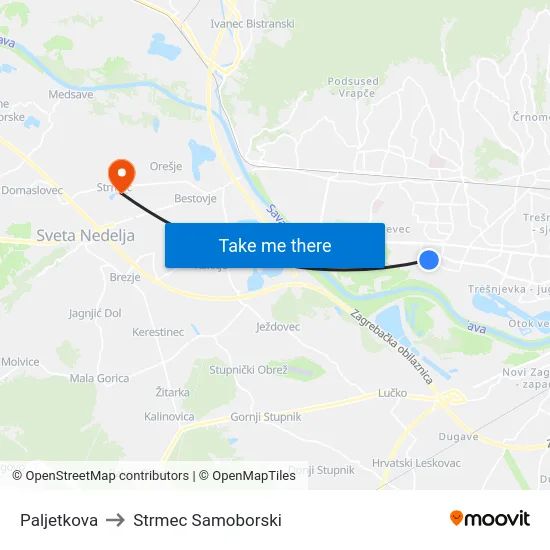 Paljetkova to Strmec Samoborski map
