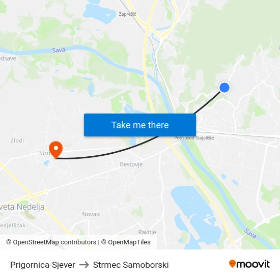 Prigornica-Sjever to Strmec Samoborski map