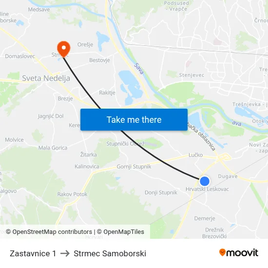 Zastavnice 1 to Strmec Samoborski map