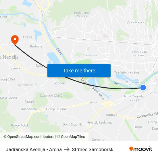 Jadranska Avenija - Arena to Strmec Samoborski map