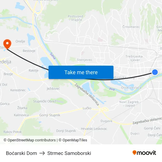 Boćarski Dom to Strmec Samoborski map