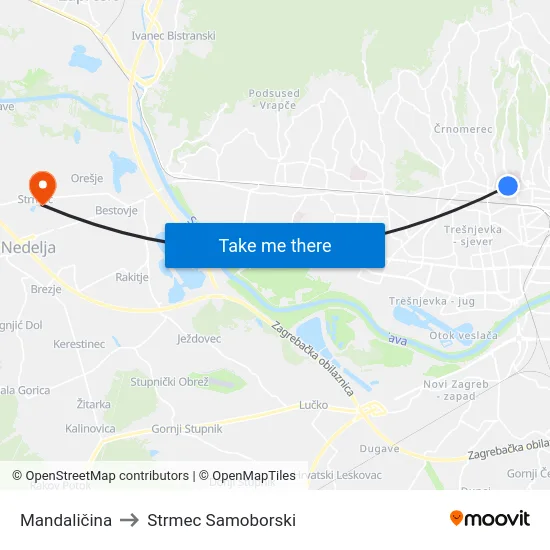 Mandaličina to Strmec Samoborski map