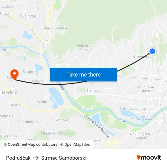 Podfuščak to Strmec Samoborski map