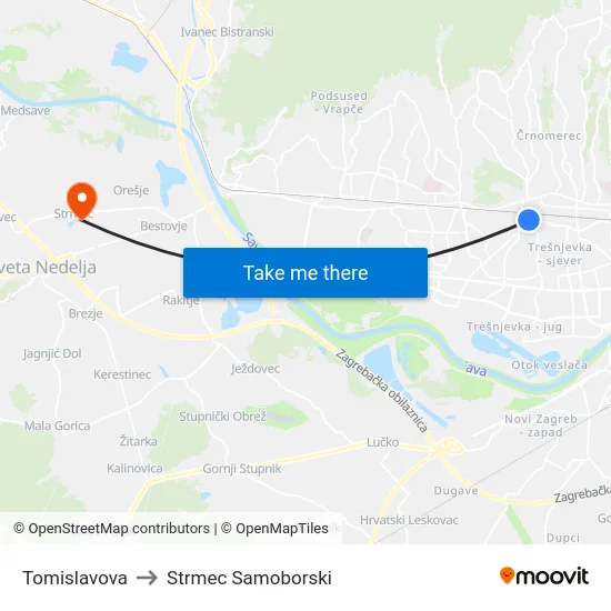 Tomislavova to Strmec Samoborski map