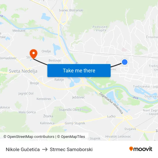 Nikole Gučetića to Strmec Samoborski map