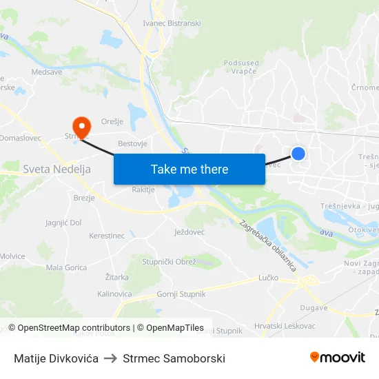 Matije Divkovića to Strmec Samoborski map