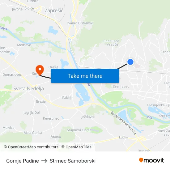 Gornje Padine to Strmec Samoborski map