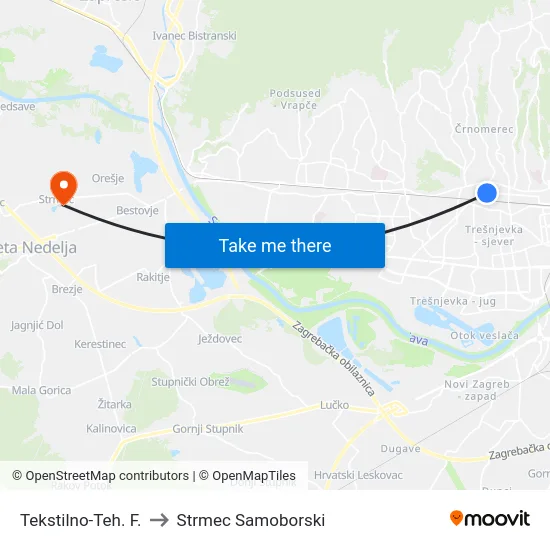 Tekstilno-Teh. F. to Strmec Samoborski map