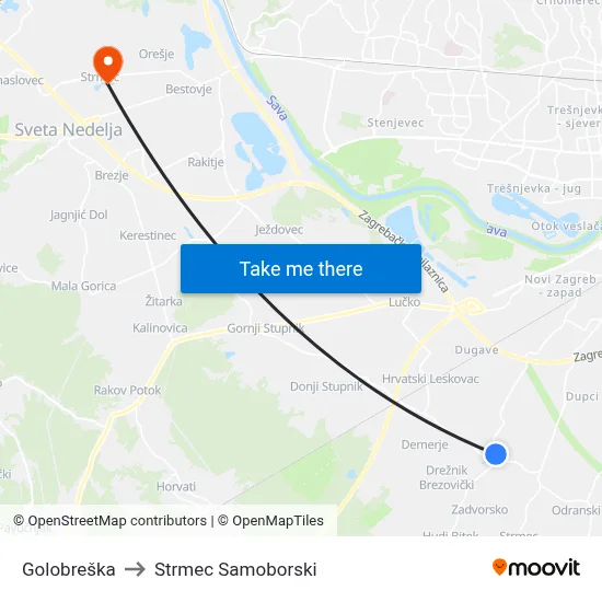Golobreška to Strmec Samoborski map