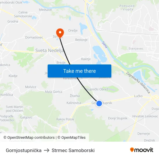 Gornjostupnička to Strmec Samoborski map