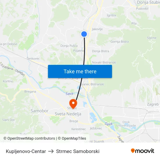 Kupljenovo-Centar to Strmec Samoborski map