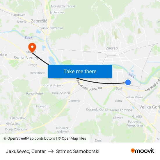Jakuševec, Centar to Strmec Samoborski map