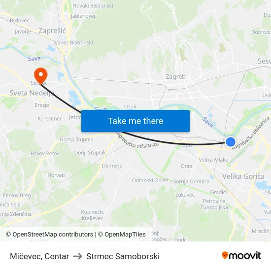 Mičevec, Centar to Strmec Samoborski map