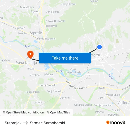 Srebrnjak to Strmec Samoborski map