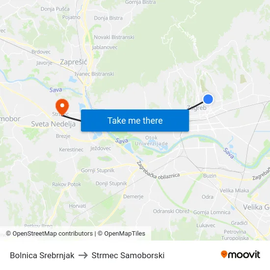 Bolnica Srebrnjak to Strmec Samoborski map