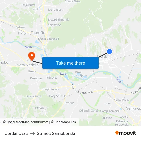 Jordanovac to Strmec Samoborski map