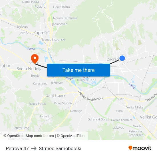 Petrova 47 to Strmec Samoborski map