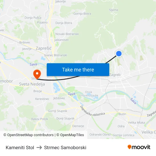 Kameniti Stol to Strmec Samoborski map