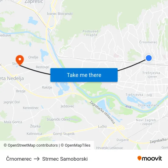 Črnomerec to Strmec Samoborski map