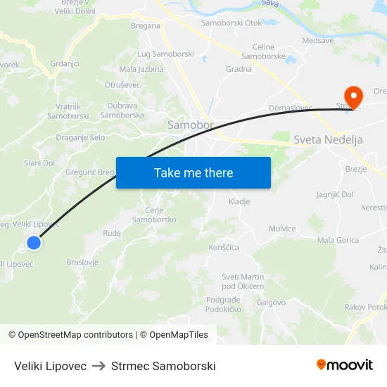 Veliki Lipovec to Strmec Samoborski map