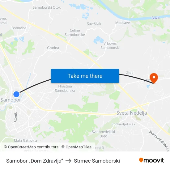 Samobor „Dom Zdravlja“ to Strmec Samoborski map