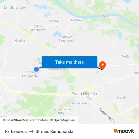 Farkaševec to Strmec Samoborski map