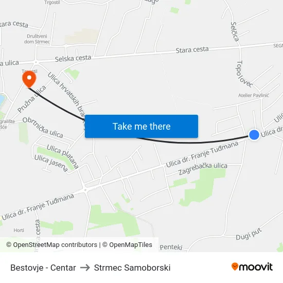 Bestovje - Centar to Strmec Samoborski map