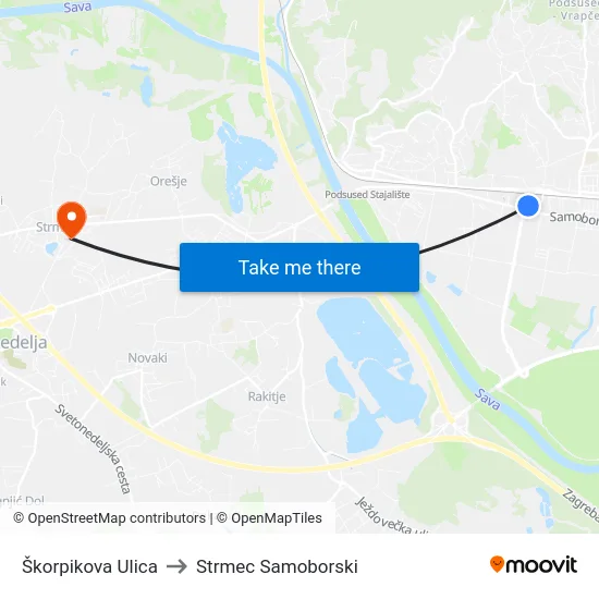 Škorpikova Ulica to Strmec Samoborski map