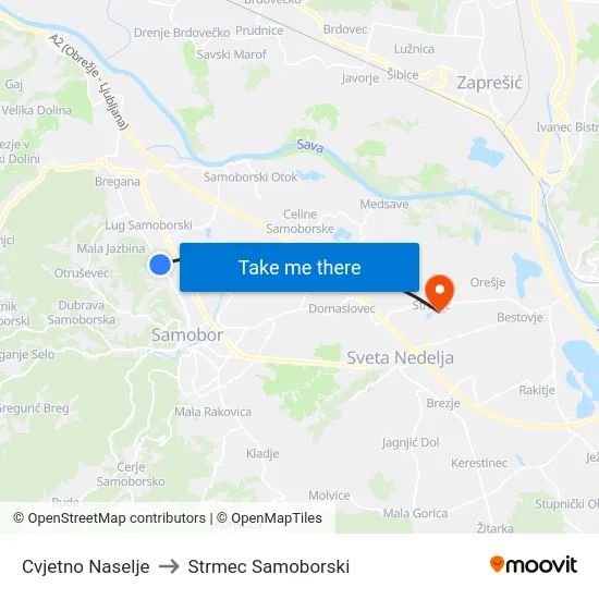 Cvjetno Naselje to Strmec Samoborski map