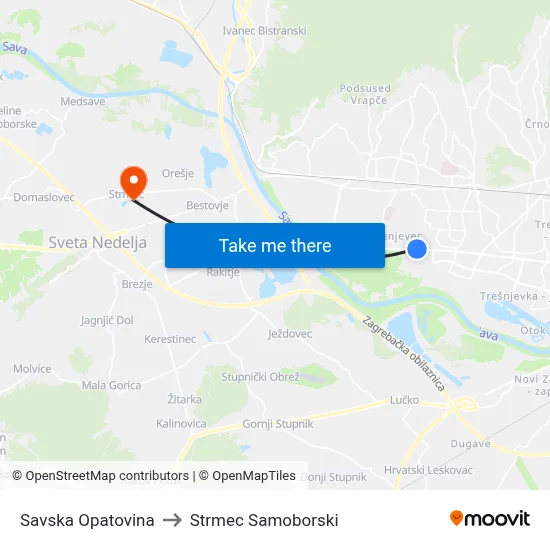 Savska Opatovina to Strmec Samoborski map