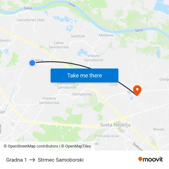 Gradna 1 to Strmec Samoborski map