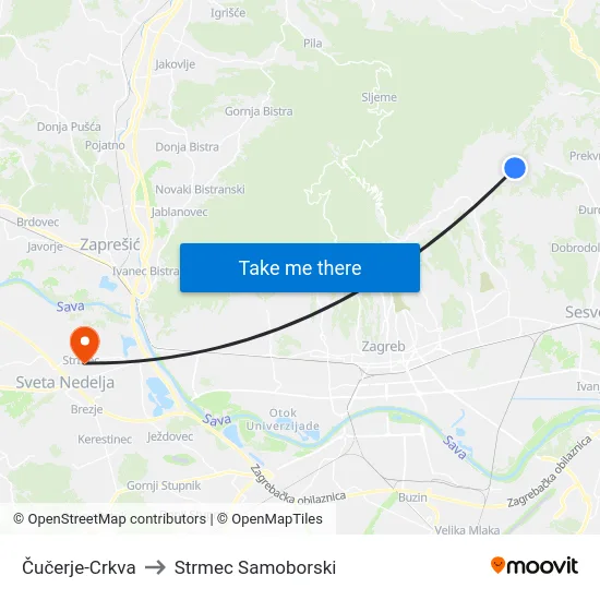 Čučerje-Crkva to Strmec Samoborski map