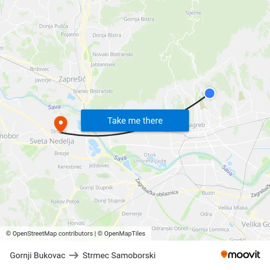 Gornji Bukovac to Strmec Samoborski map