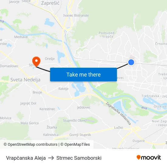 Vrapčanska Aleja to Strmec Samoborski map