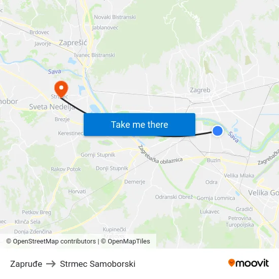 Zapruđe to Strmec Samoborski map