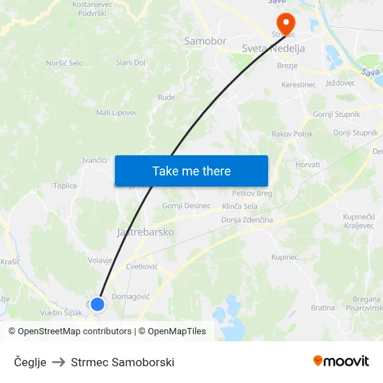 Čeglje to Strmec Samoborski map