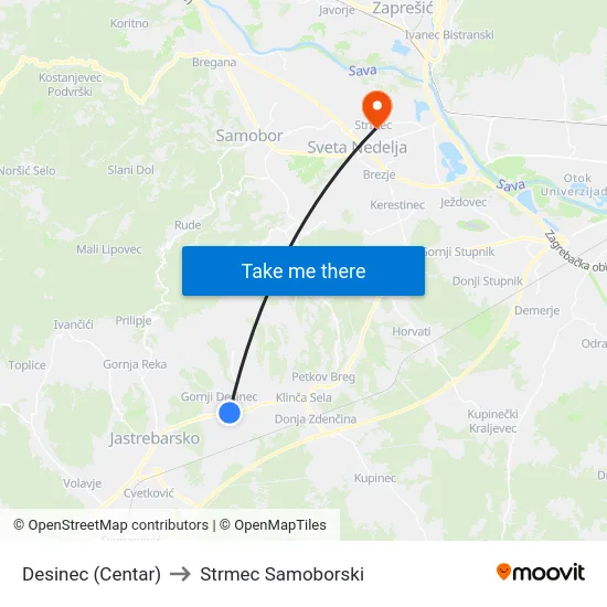 Desinec (Centar) to Strmec Samoborski map