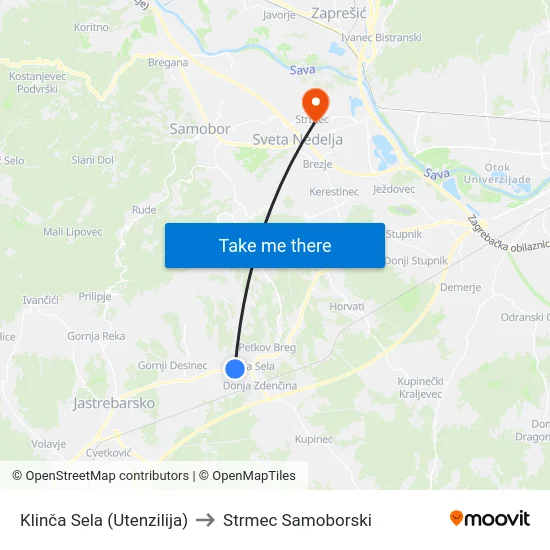 Klinča Sela (Utenzilija) to Strmec Samoborski map