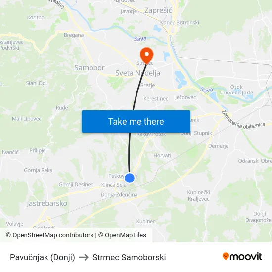 Pavučnjak (Donji) to Strmec Samoborski map