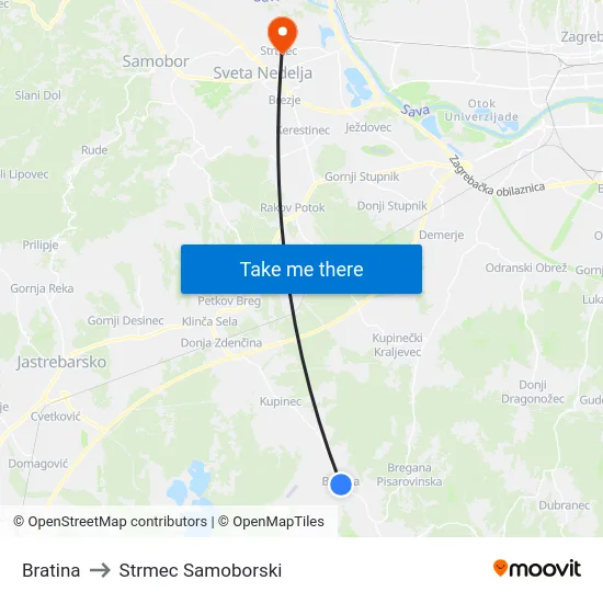 Bratina to Strmec Samoborski map