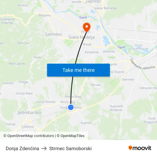 Donja Zdenčina to Strmec Samoborski map