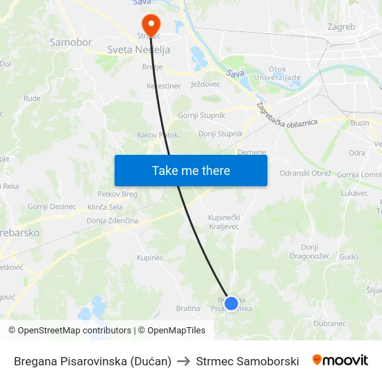 Bregana Pisarovinska (Dućan) to Strmec Samoborski map