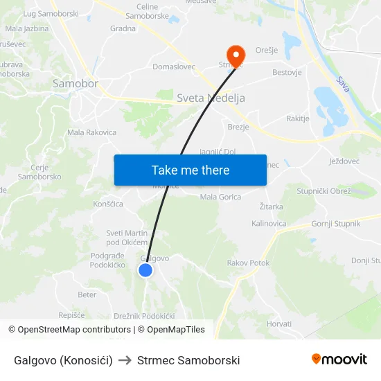 Galgovo (Konosići) to Strmec Samoborski map