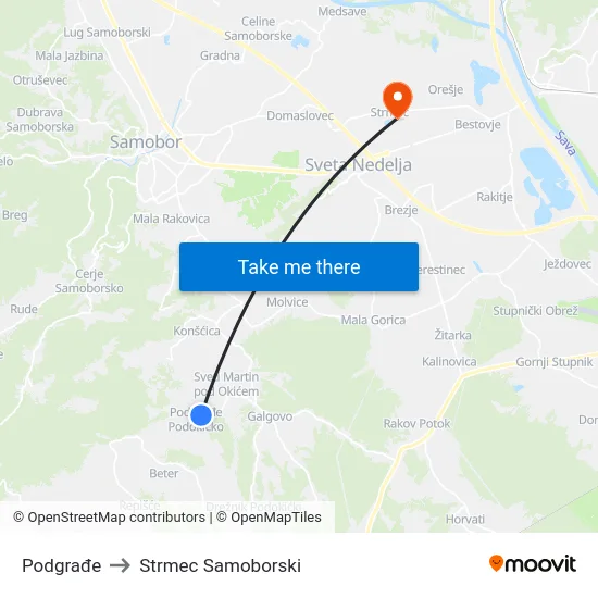 Podgrađe to Strmec Samoborski map